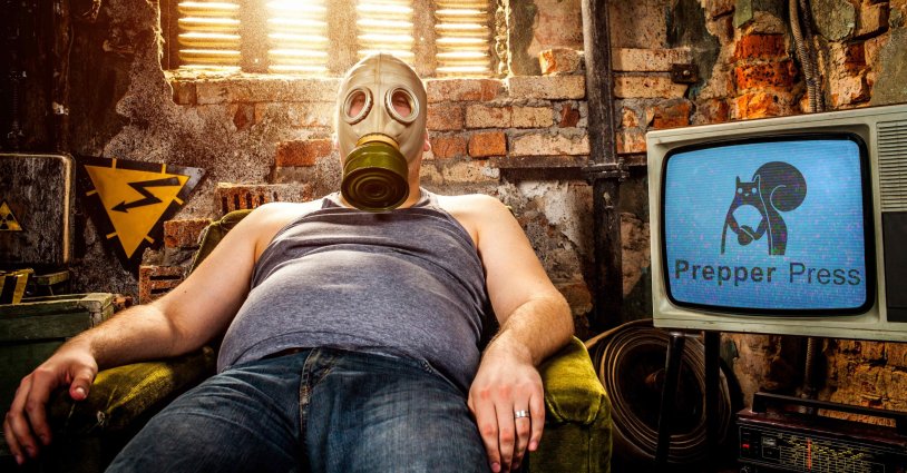 Fat man in a gas mask