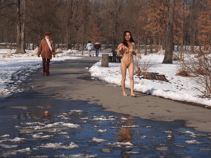Naked brunette on the street private in winter