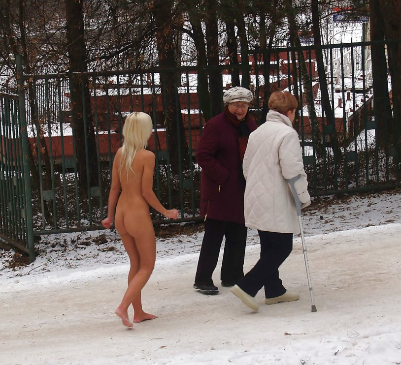 Naked women in the forest in winter