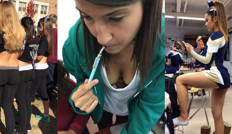 Sits in a dress without panties