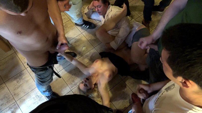 Czech Gangbang on the table in a crowd