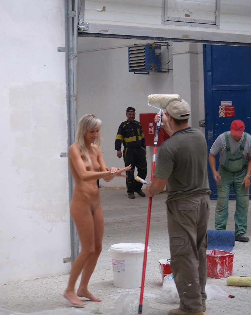 Naked in the carpentry workshop