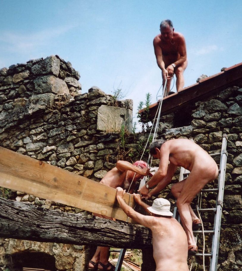 Naked girls at a construction site