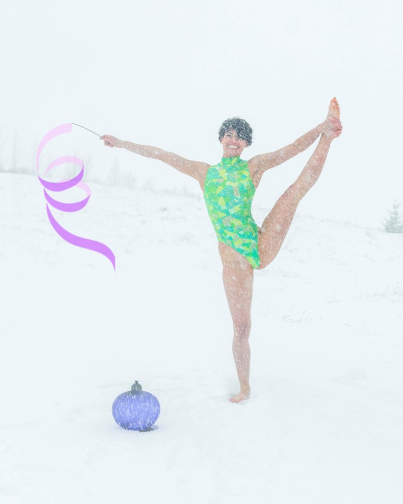 In winter in a swimsuit