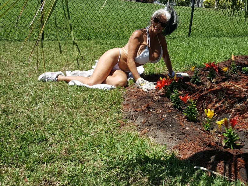 Half Naked Gardening Dare - Blonde Wife with Thong in Garden
