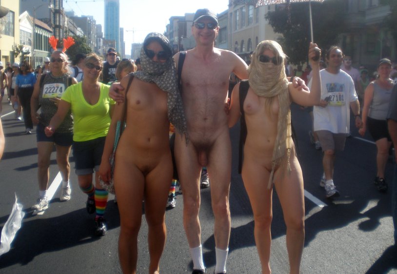Naked man in a crowded place