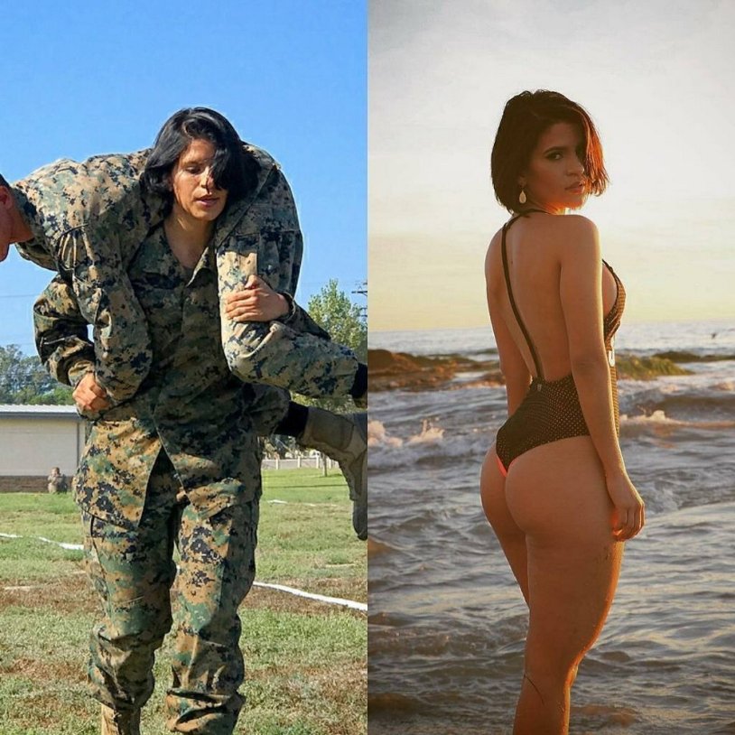 Girls in military uniform and without