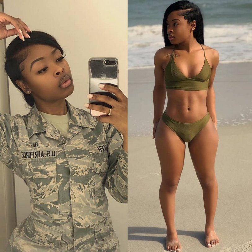Girls in military uniform and without