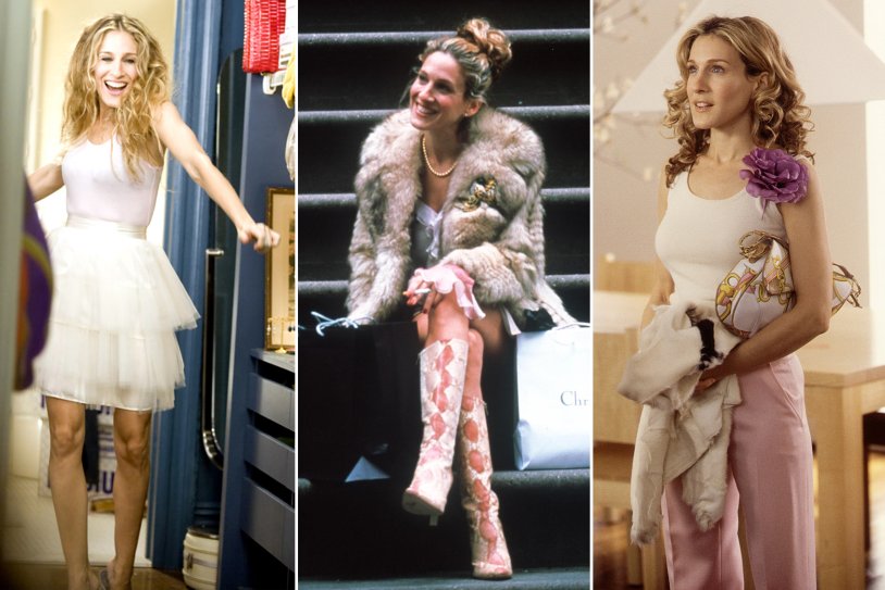 Carrie Bradshaw in a fur coat and dress