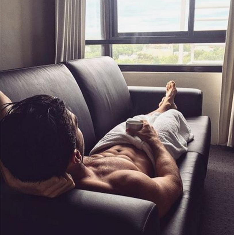 Girl in underwear with coffee