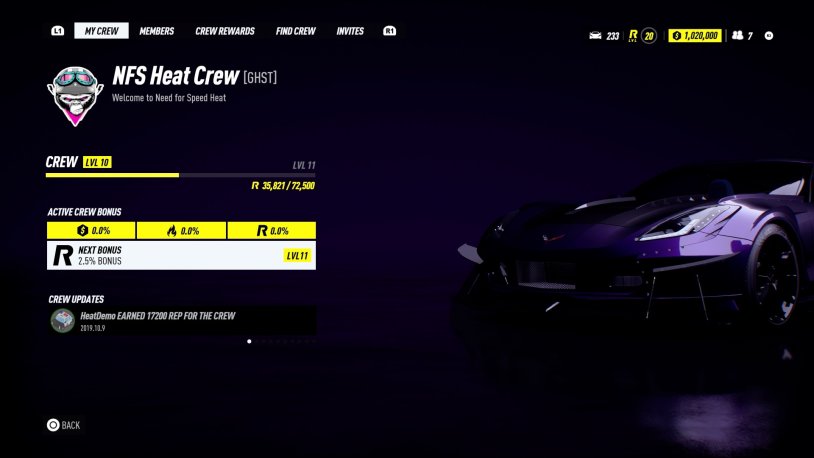 Need for Speed Heat menu
