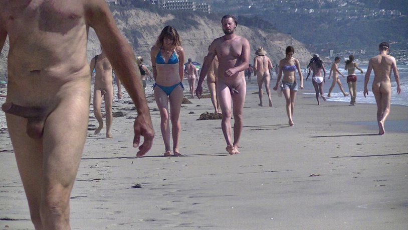 Naked men on a public beach