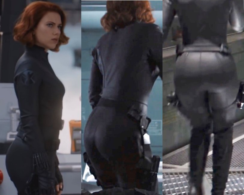 Scarlett Johansson in a suit of a black widow
