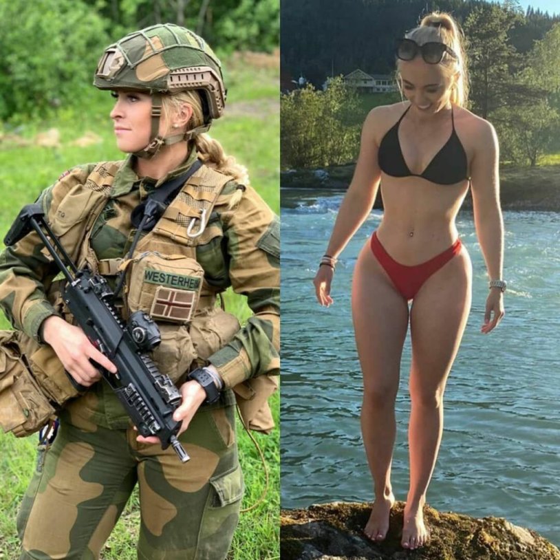 Girls in military uniform and without