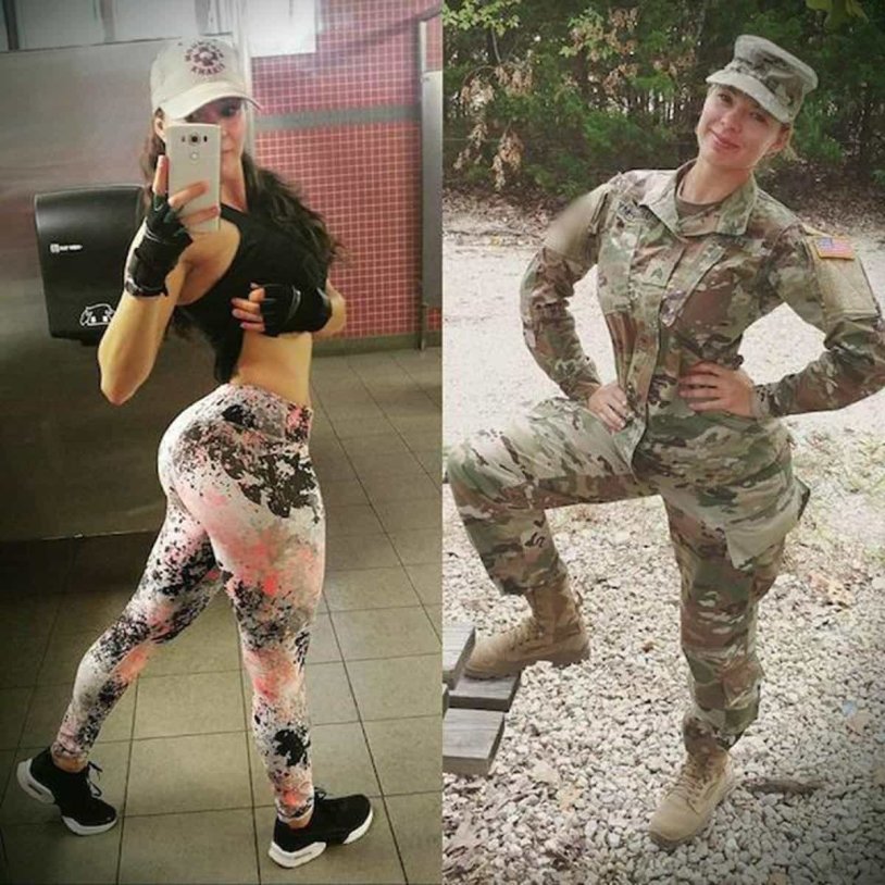 Girls in military uniform and without