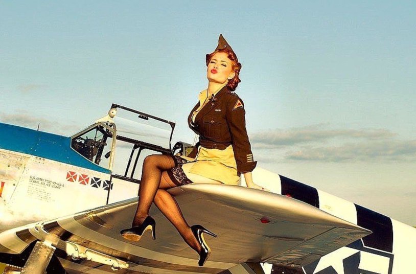 Girl and military aircraft
