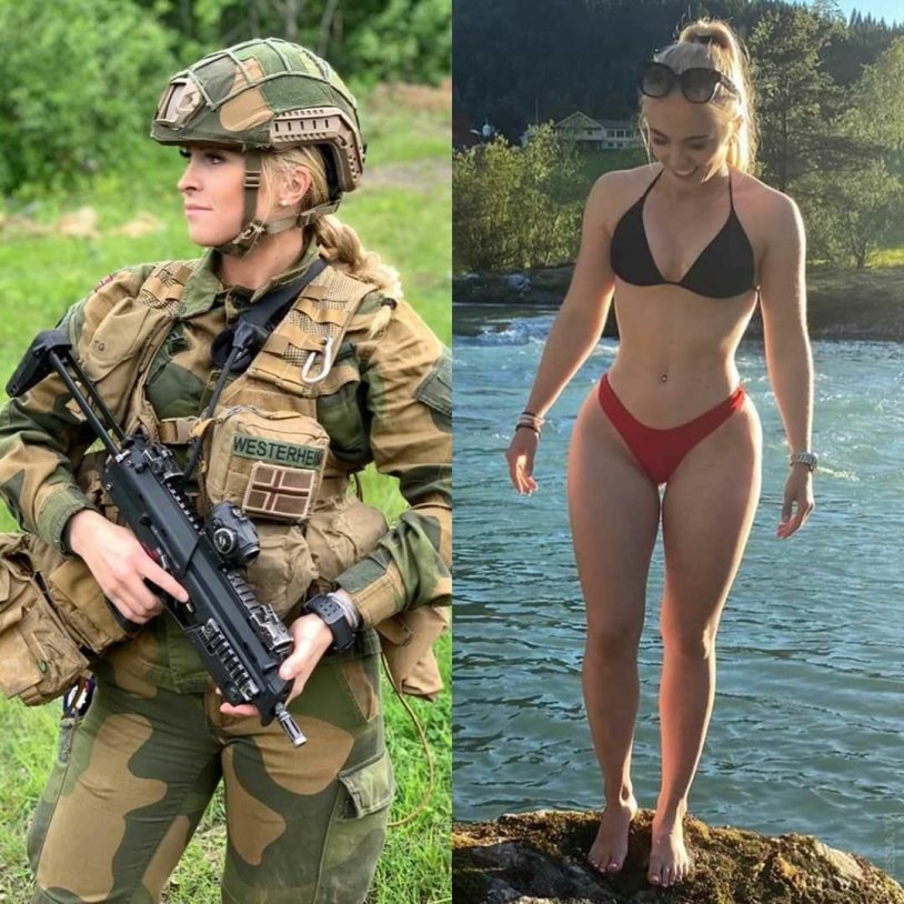 Girls in military uniform and without shape