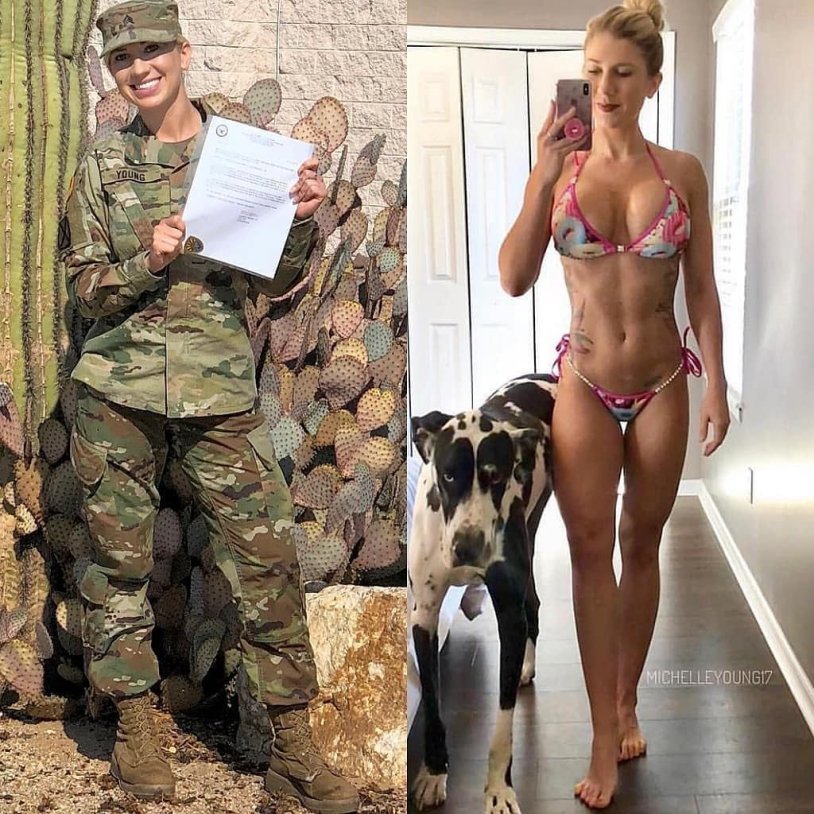 Girls in military uniform and without