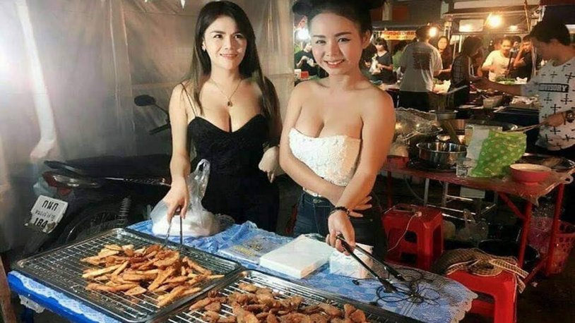 Thai saleswoman Street food with big breasts