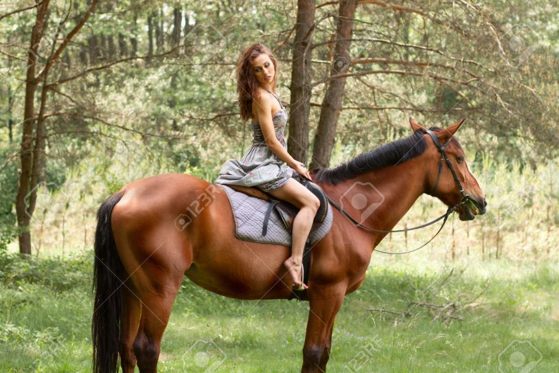 Girl in a skirt on a horse