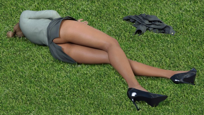 Upskirt girl sleeps in pantyhose on the lawn