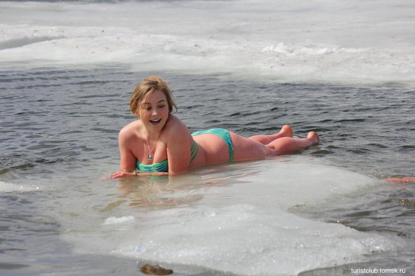 In a swimsuit on an ice floe