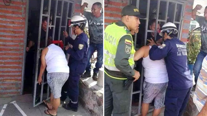 The woman got stuck in the door