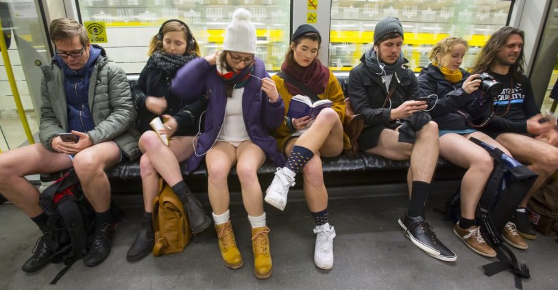 Flashmob in the subway without pants in Moscow