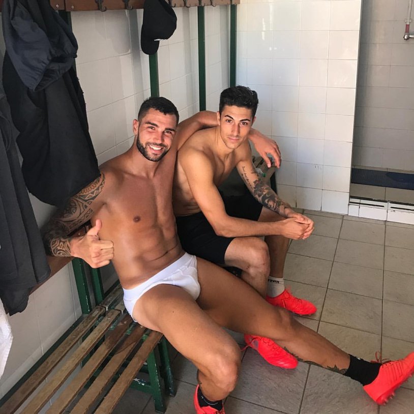 Football players in the locker room