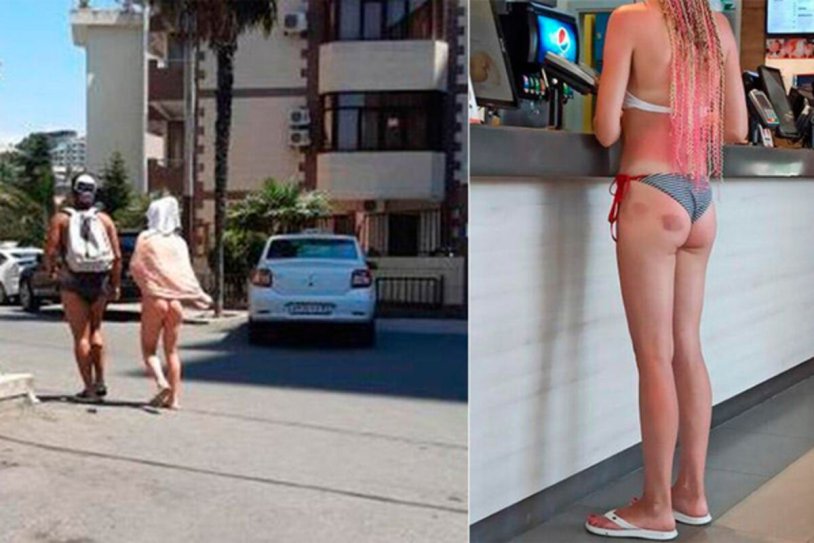 The girl walks around the city in a swimsuit