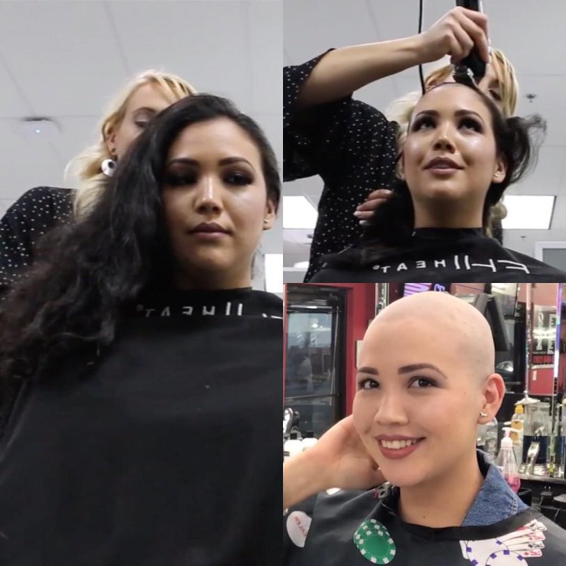 Bald girl in a hairdresser
