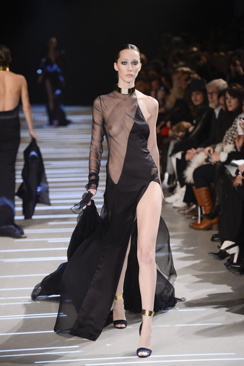 Open breast dress with a fashion show