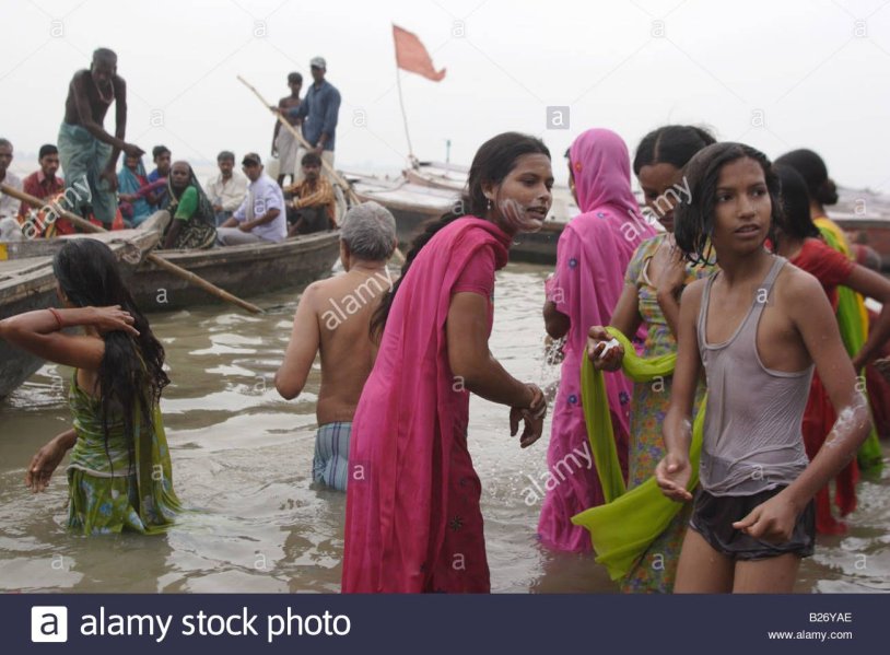 Indian Bathing in River