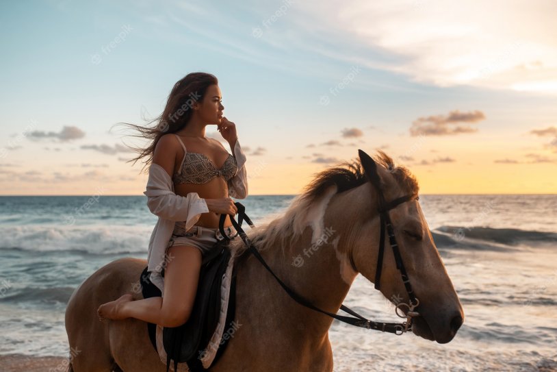 Women in a bikini on a horse with an erection