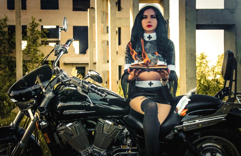 Monashka on a motorcycle