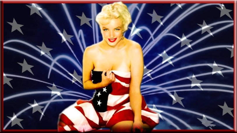 Marilyn Monroe against the backdrop of the American flag