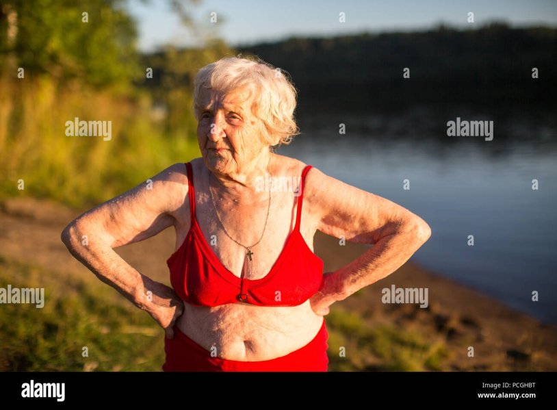 Old woman in a swimsuit