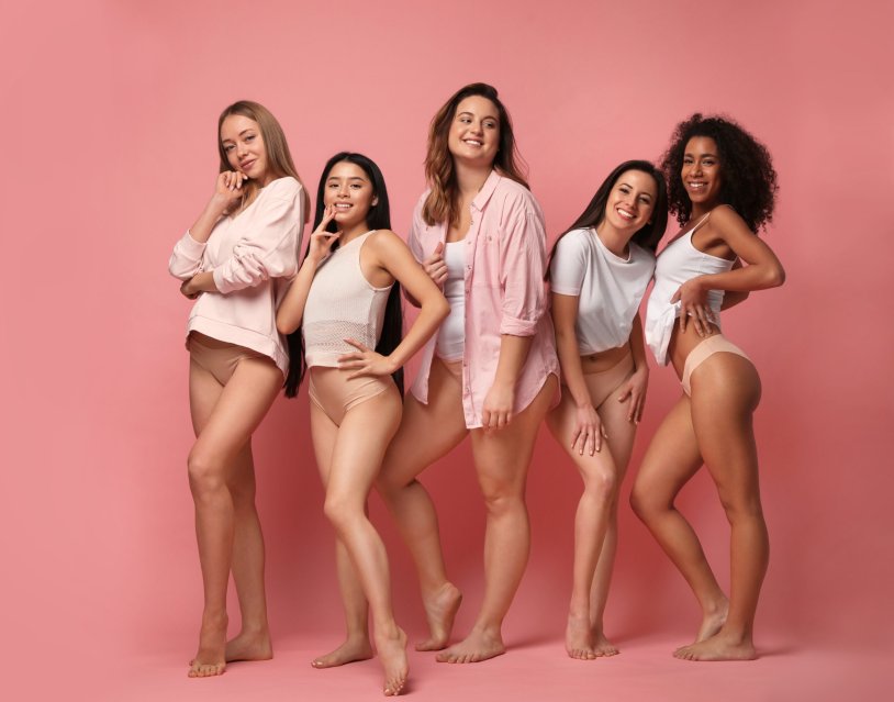 A group of women in clothes and without