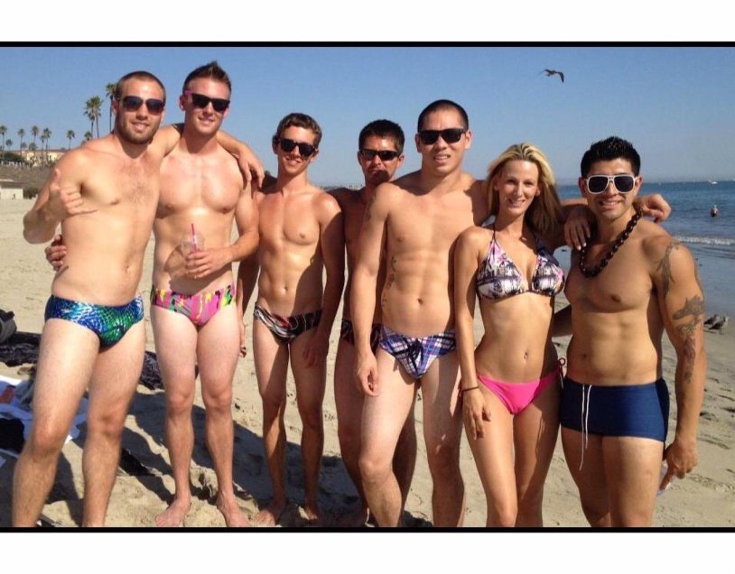 Beach dad on son speedo