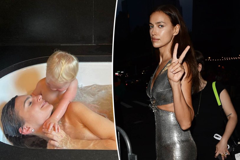 Emily Ratajkowski with her son in the bath