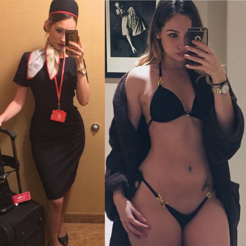 Stewardesses in uniform and without