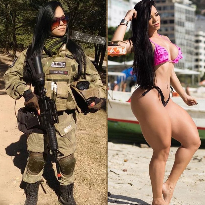 Girls in military uniform and without