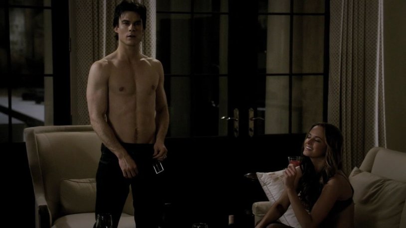 Damon Salvatore without a shirt and Elena