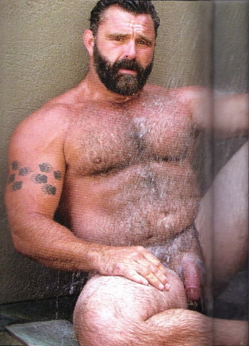 Hairy naked bears in the bathroom