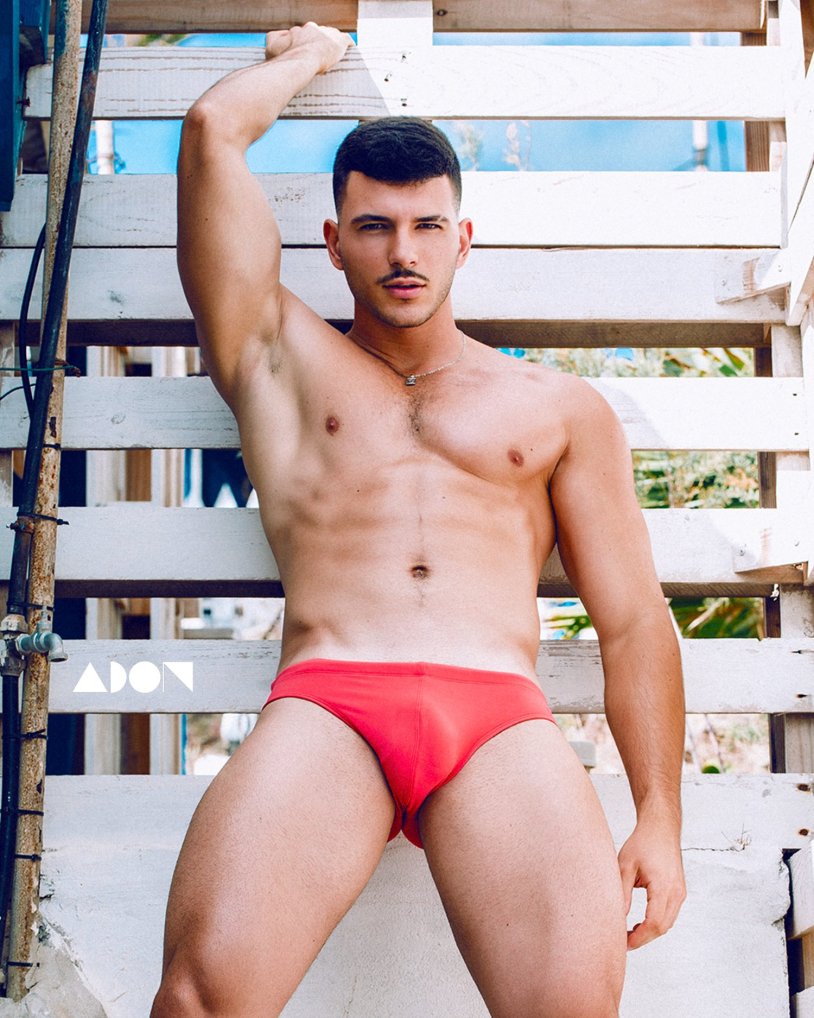 Men in swimming trunks on the beach