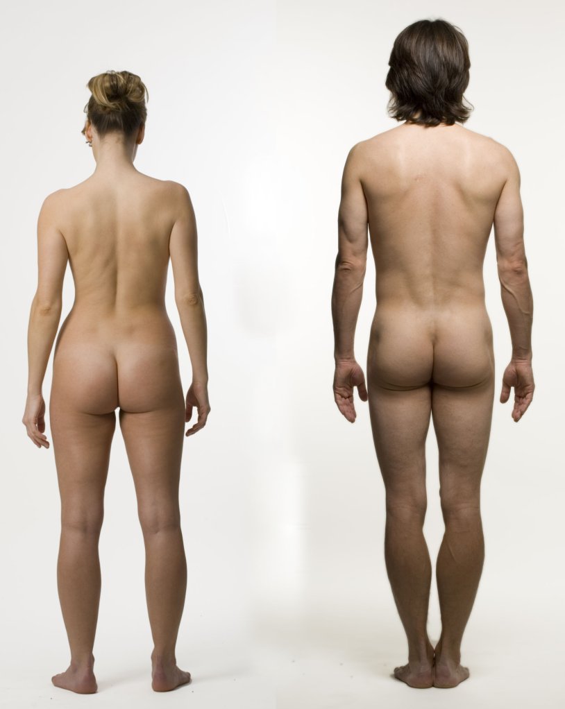 Naked man and woman look on the side