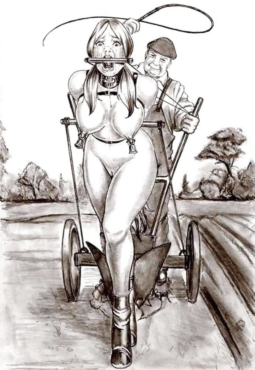 Naked women harnessed into carts