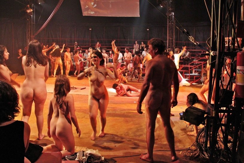 Naked actresses on the stage of theater