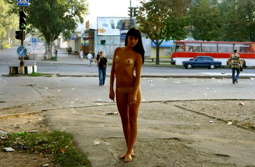 Naked women walk on the street