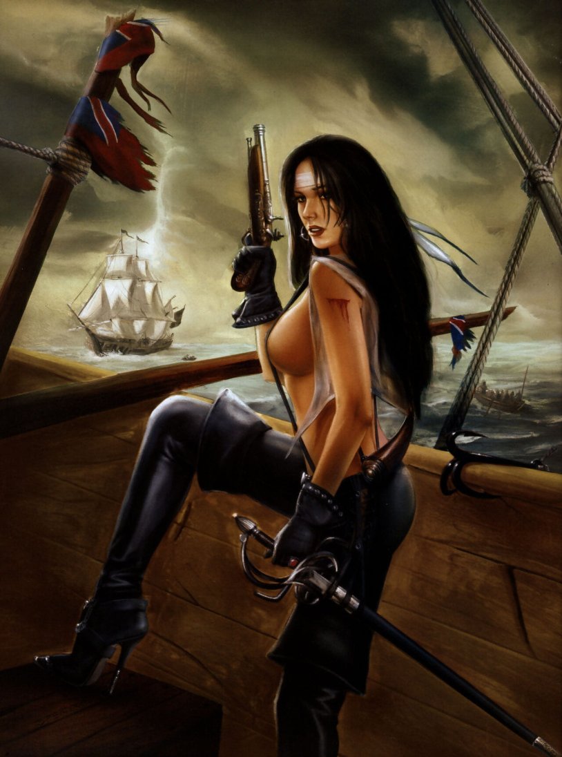 Naked women on a pirate ship